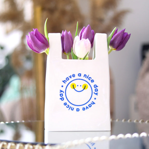 Plastic Bag Vase: White/Blue/Yellow